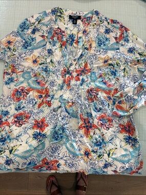 Nine West White Floral & Bird Print Casual Button-Down XL womens